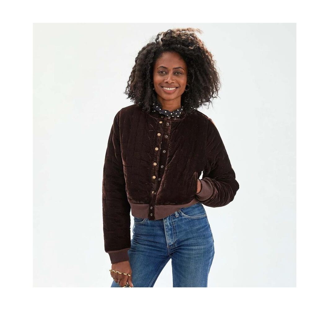 Clare V. Velvet Quilted Brown Bomber Jacket Reversible Red Green Striped, XXL